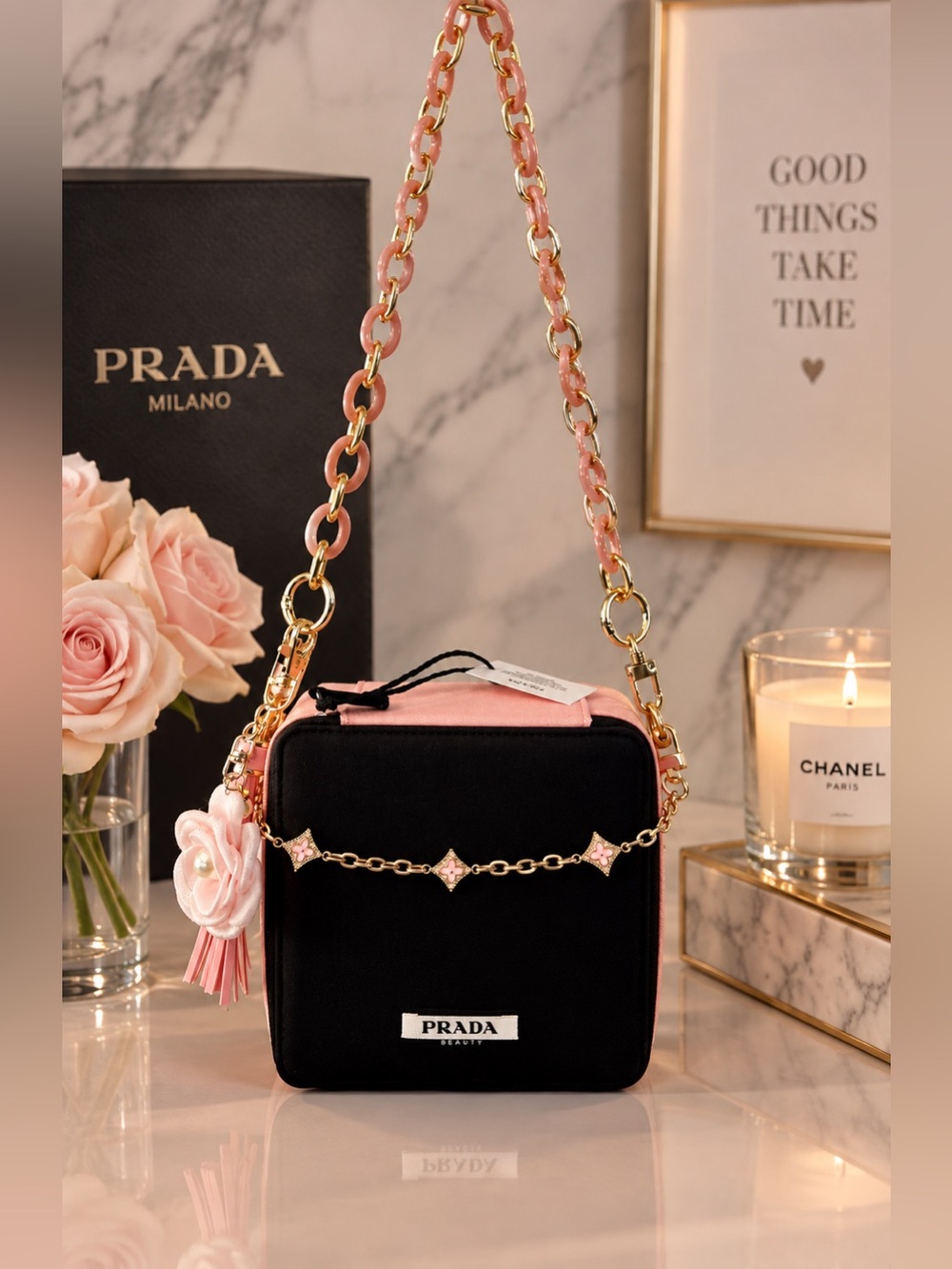 Prada beauty Black and pink paradoxe with pink and gold Chain